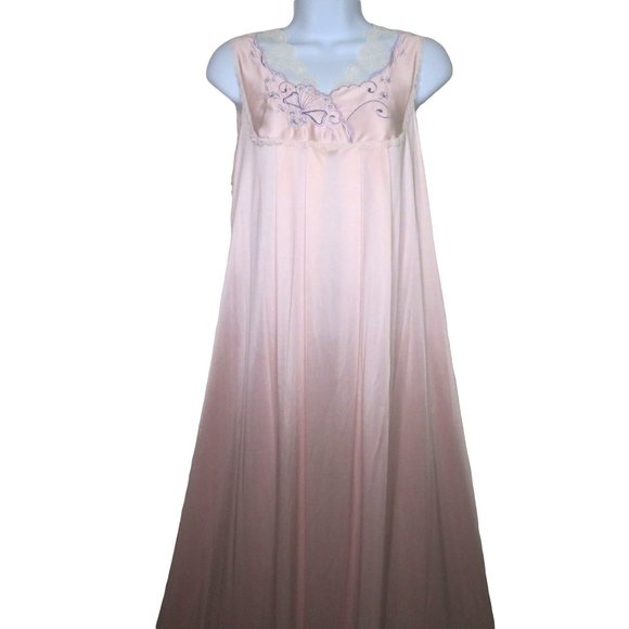 Vintage 60s Vanity Fair Full Length Nylon Nightgown M Pink Embroidery Lace USA - Picture 9 of 14